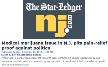 Star Ledger medical marijuana issue in New Jersey pits pain relief proof against politics